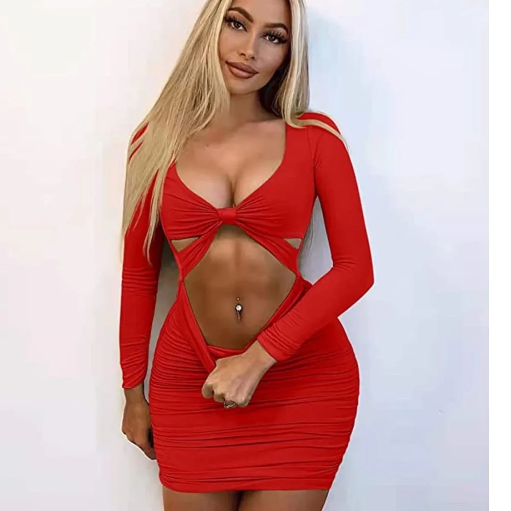 white christmas dresses Bandage Cutout Slit Bodycon Dress – Sexy Mid-Calf Party Dress